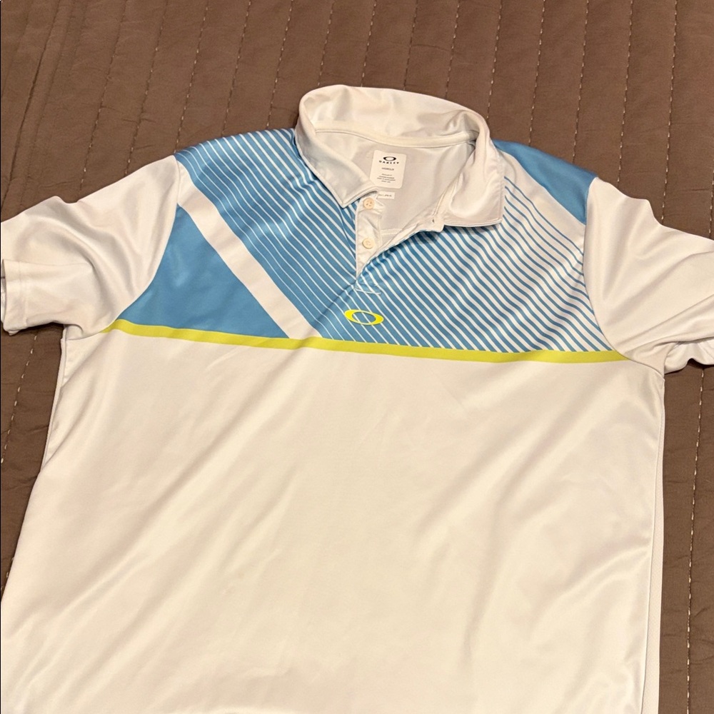 Oakley White and Blue Polo Shirt with Yellow Accent